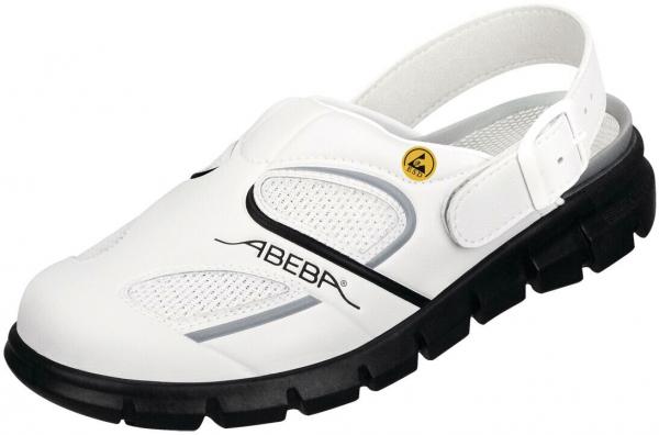 The shoe is a white clog with a black rubber sole. It has perforated sides for ventilation and an adjustable strap at the heel. The brand logo is visible.