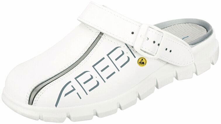 The picture shows a white clog with a wide strap. The sole is non-slip with a textured surface. On the side, there is the inscription "ABEB". The shoe has a sporty shape.