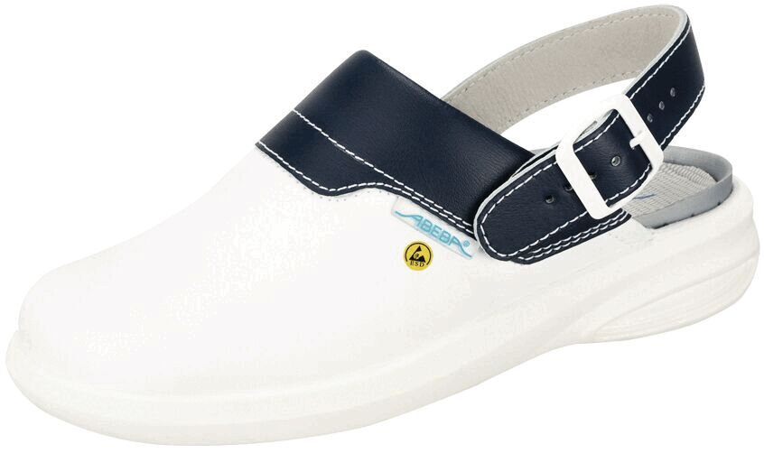 The shoe is a white clog made from lightweight material with a black, padded strap. It has a buckle on the side and a non-slip sole. Ideal for the workplace.