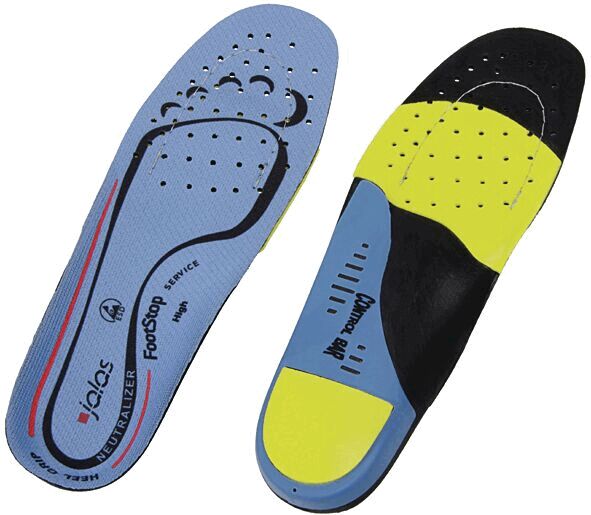 The image shows a pair of shoe soles. One side is blue with a foot shape and many holes for ventilation. The other side is black with yellow and blue accents.