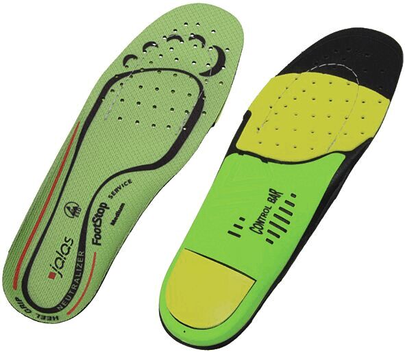 The image shows two insoles. The left one is green with black contours and air holes, the right one is yellow and black, also with a textured pattern.