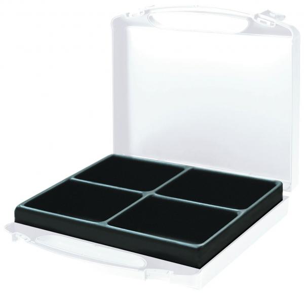 The image shows a transparent box with a lid, containing a black compartment with four rectangular dividers. Ideal for storing small items.