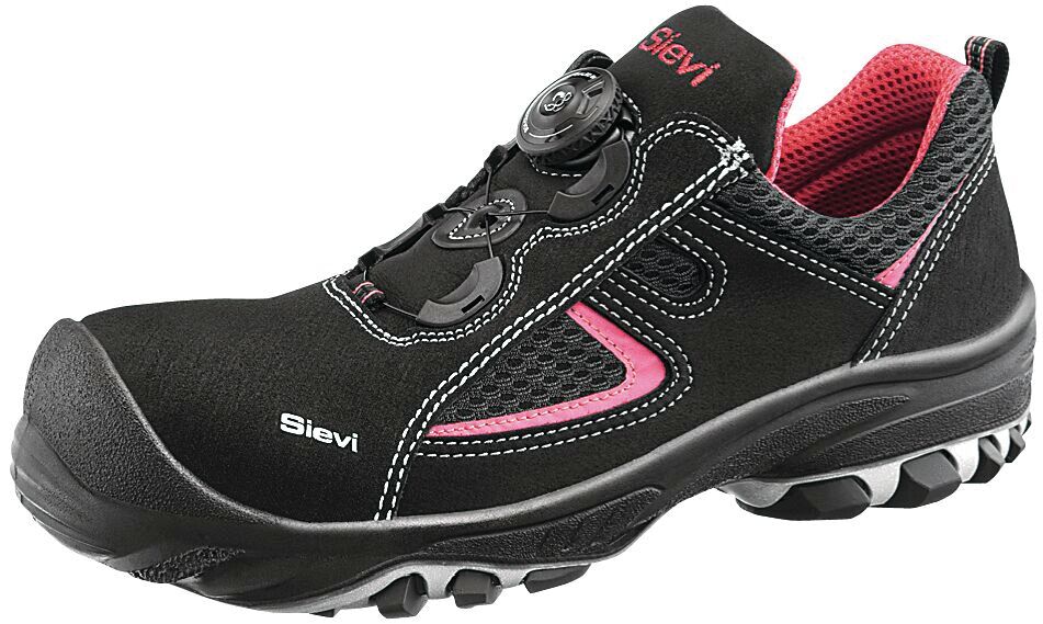 The shoe is black with pink accents. It has a non-slip sole, breathable material, and a practical quick-lacing system on the top.