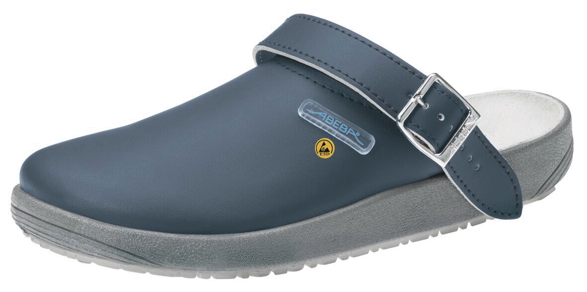 The image displays a dark blue plastic clog with a wide strap over the instep. The sole is light gray and textured, suitable for good traction.