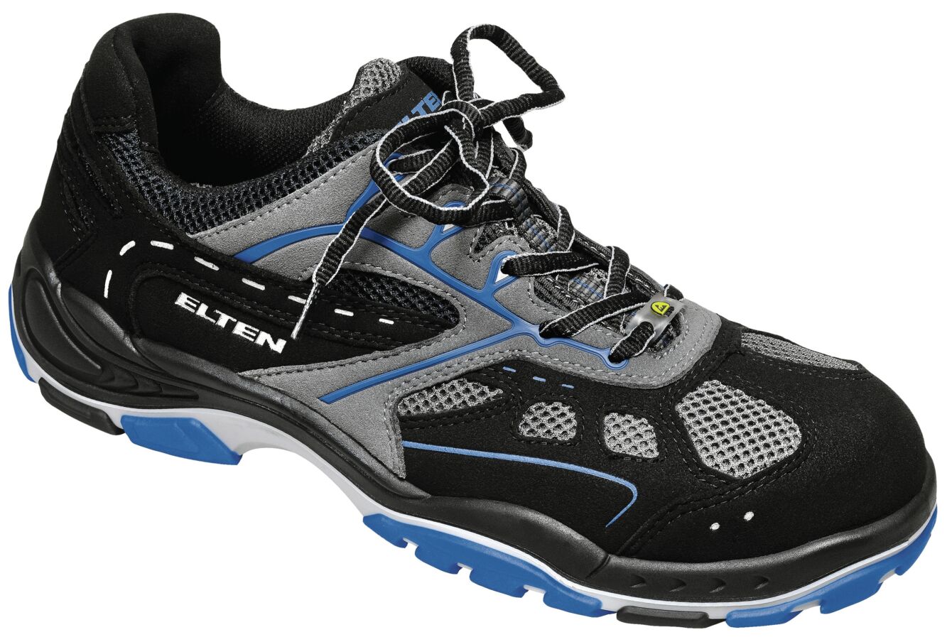 The shoe is sporty and in black with gray and blue accents. It has a breathable surface, reinforced sides, and a non-slip sole. The laces are clearly visible.