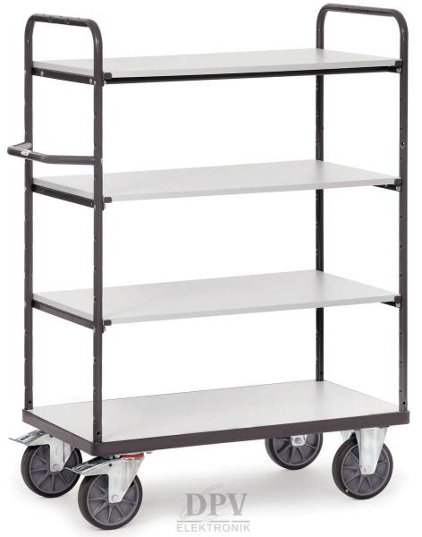 A multi-tiered rolling cart with four open shelves. It has a black metal frame and is mounted on four swivel wheels, making it easy to push.