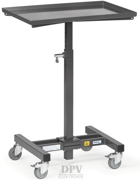 The image shows an adjustable-height serving table with a rectangular, flat surface. It stands on a sturdy frame with four casters, which allow for mobility.