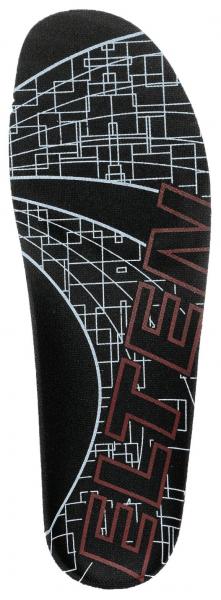 The image displays a black-gray shoe insole with a special pattern of lines and squares. The name "ETEN" is clearly printed in red font.