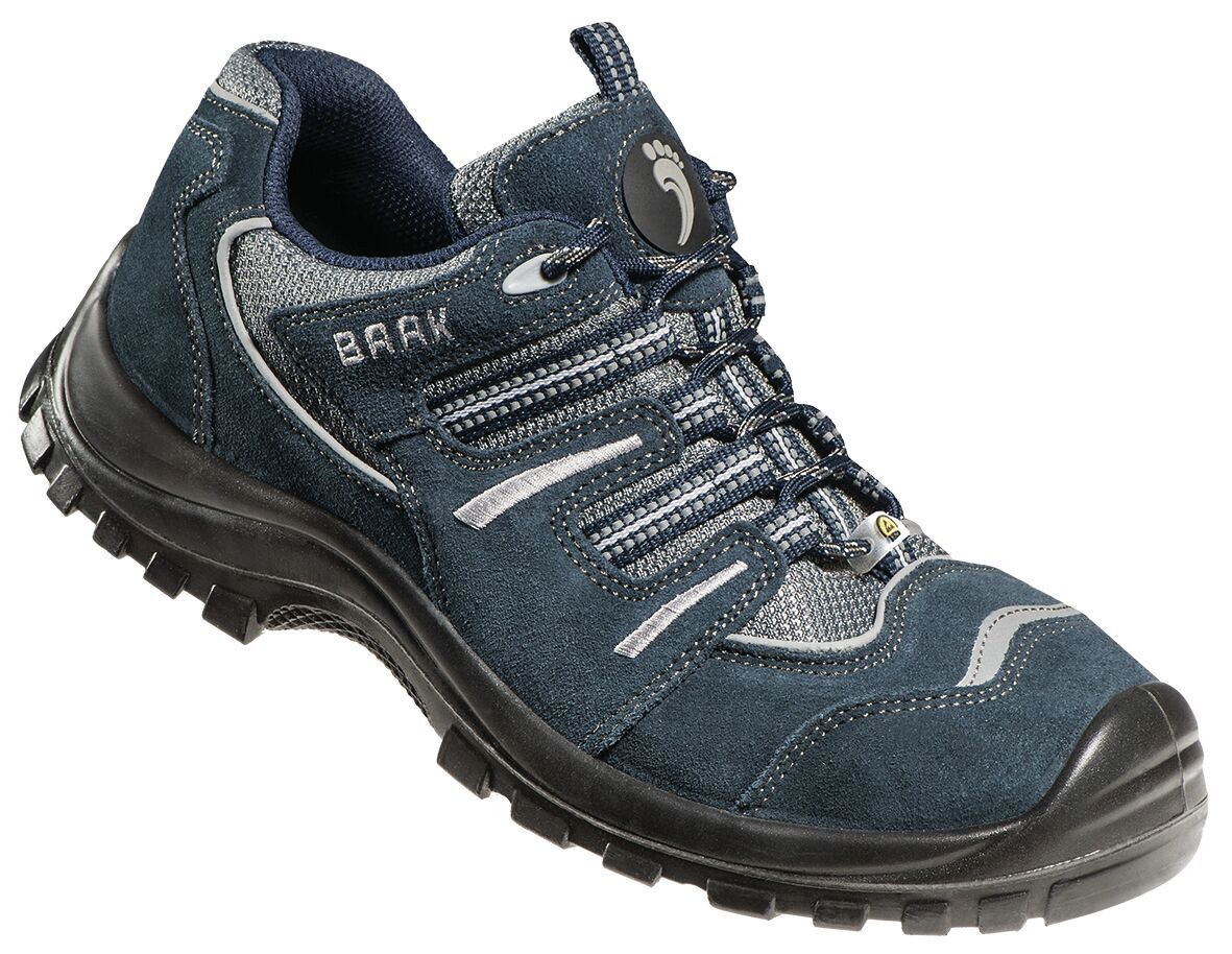 The shoe is a sporty, blue trekking shoe with a gray mesh structure and a non-slip, black rubber sole. It has laces and a reinforced toe cap.