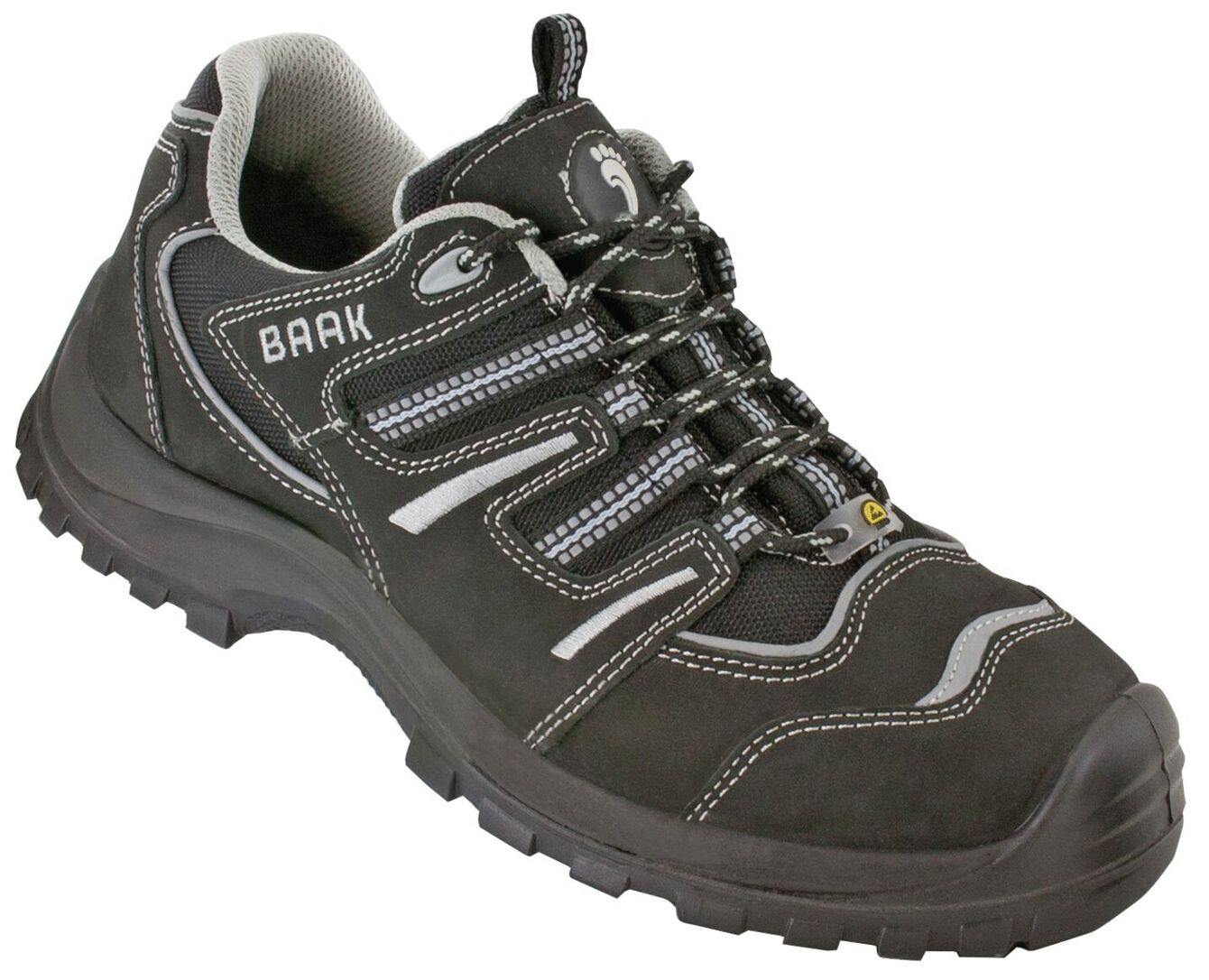 The image displays a black, sporty shoe with gray and white accents. It features a non-slip sole, laces, and is suitable for outdoor activities.