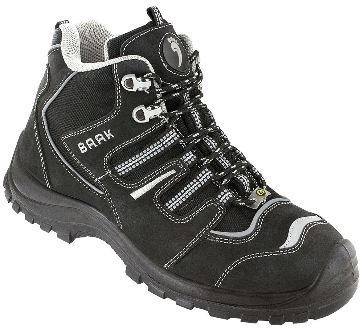 The image shows a black hiking boot with a high upper. It has reflective elements, a sturdy sole, and laces that are threaded through metal eyelets.