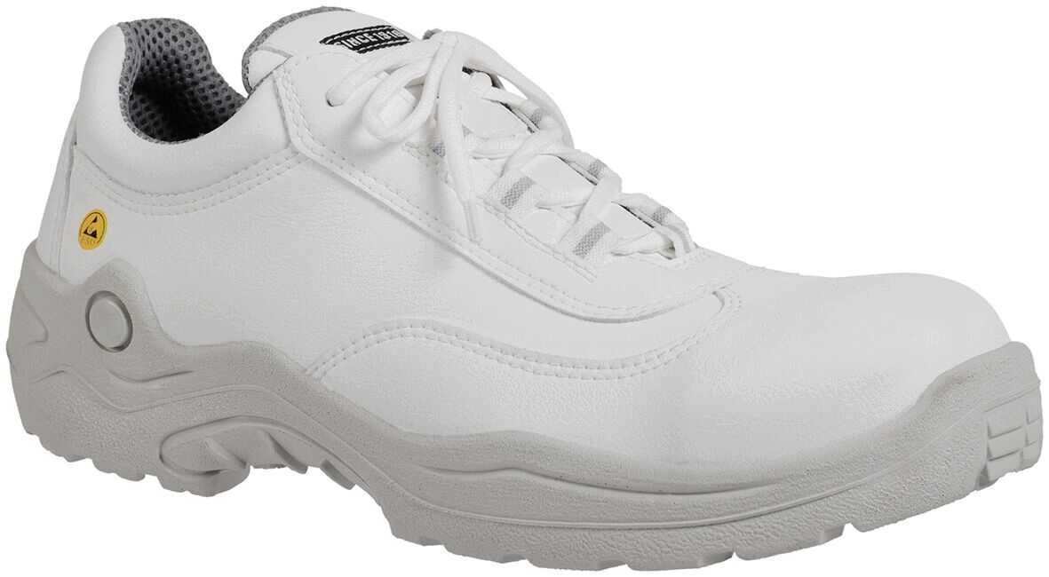 The image displays a white, sporty shoe with a smooth surface and laces. The sole is light and slightly textured, featuring a gray lining.