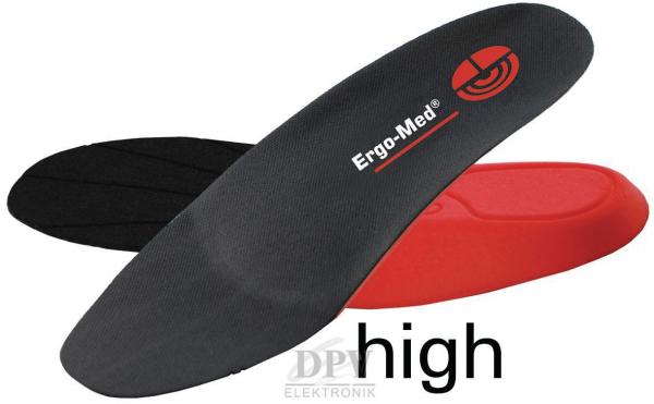 The image displays three shoe inserts: a black one, a red one, and one that resembles a high-arch support. The inserts vary in height and feature a logo on the black insert.