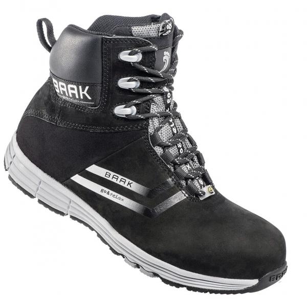 The shoe is an ankle-high, black hiking boot with a sturdy lining. It features a grippy sole, metal eyelets for the laces, and reflective details.