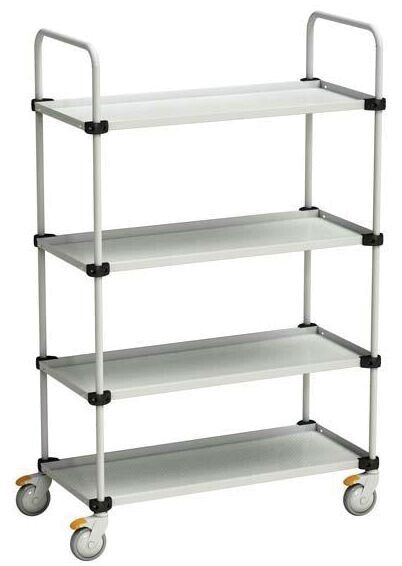 The image shows a sturdy, four-tiered rolling cart. It has a simple, white metal frame with four rounded shelves and four casters that make it easy to move.