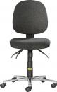 Preview: The office chair is in a dark gray shade, has a padded seat, and a high backrest. It stands on a five-spoke base with casters, making it movable.
