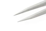 Preview: The image shows the tips of a silver tweezer. The tips are narrow and sharp, one is slightly serrated. The background is light and solid-colored.