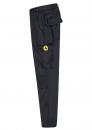 Preview: The image shows a black cargo pants. It has side pockets and a large round yellow patch on the thigh. The pants are straight cut and appear sturdy.